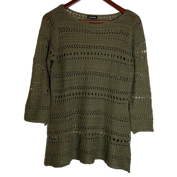 Le Chateau Olive Crochet See Through Top 3/4 Sleeves Boat Neck Small S - Picture 1 of 16